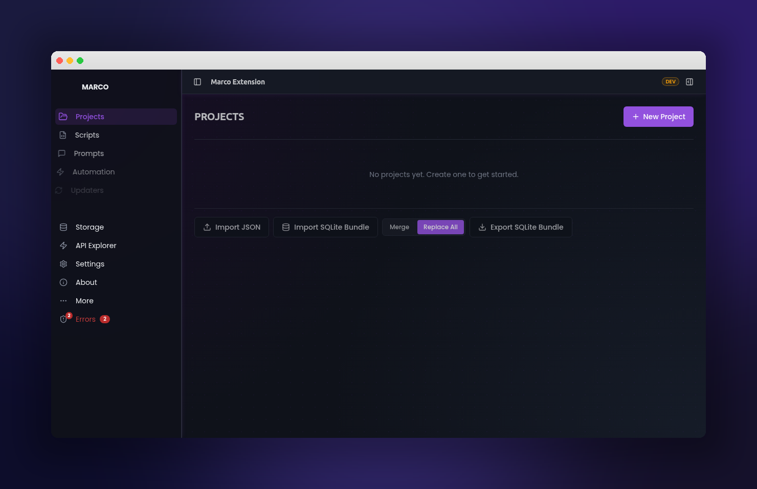 Marco Chrome Extension projects interface