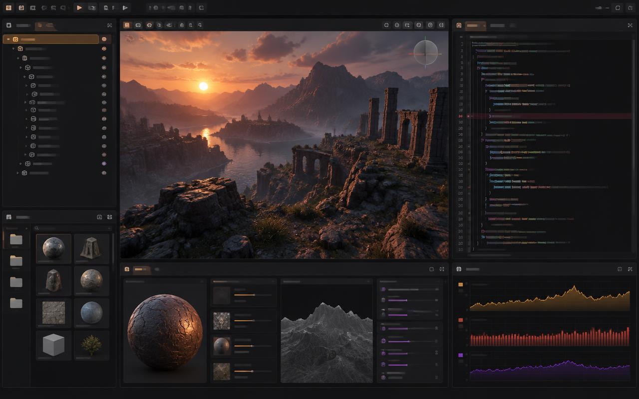 Concept artwork representing a custom game engine development environment