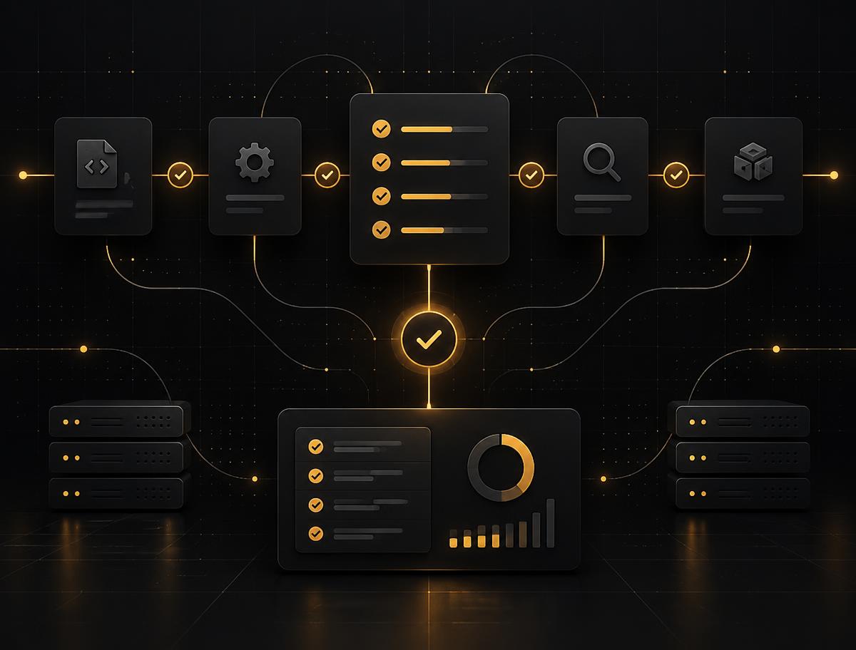 Automated testing workflow illustration with connected test and quality checks