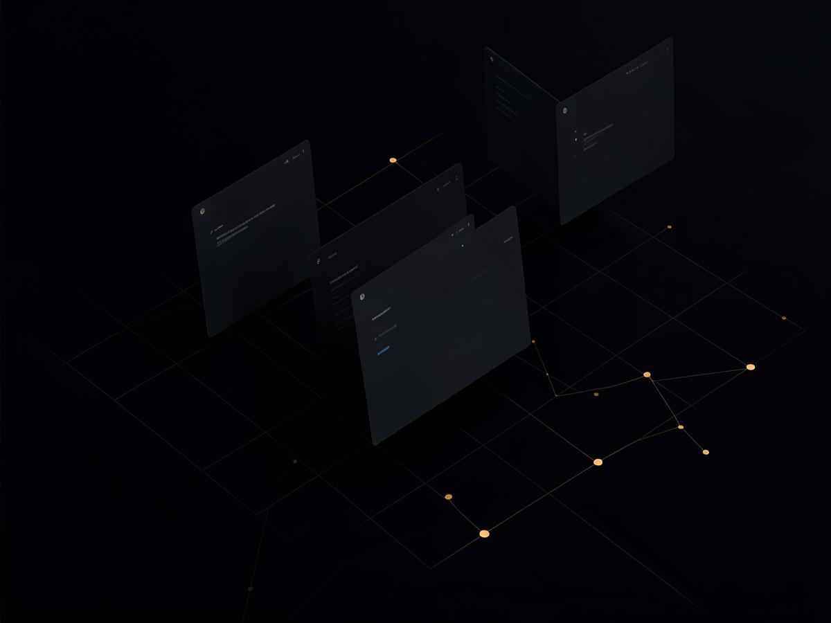 Abstract dark illustration of layered testing dashboards connected by amber nodes