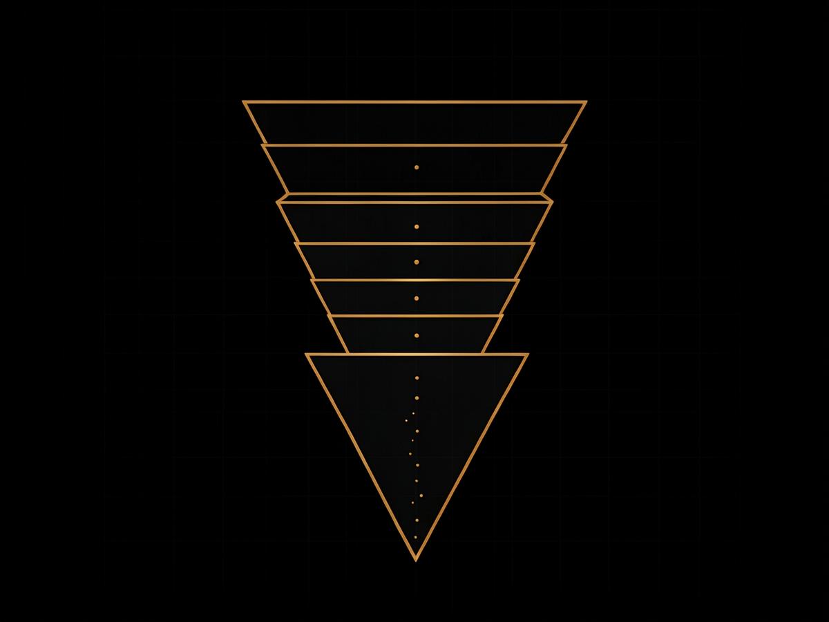Abstract dark illustration of a narrowing five-tier selection funnel in amber