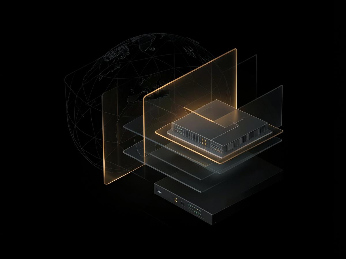 Abstract dark illustration of layered shields around a server with an amber glow